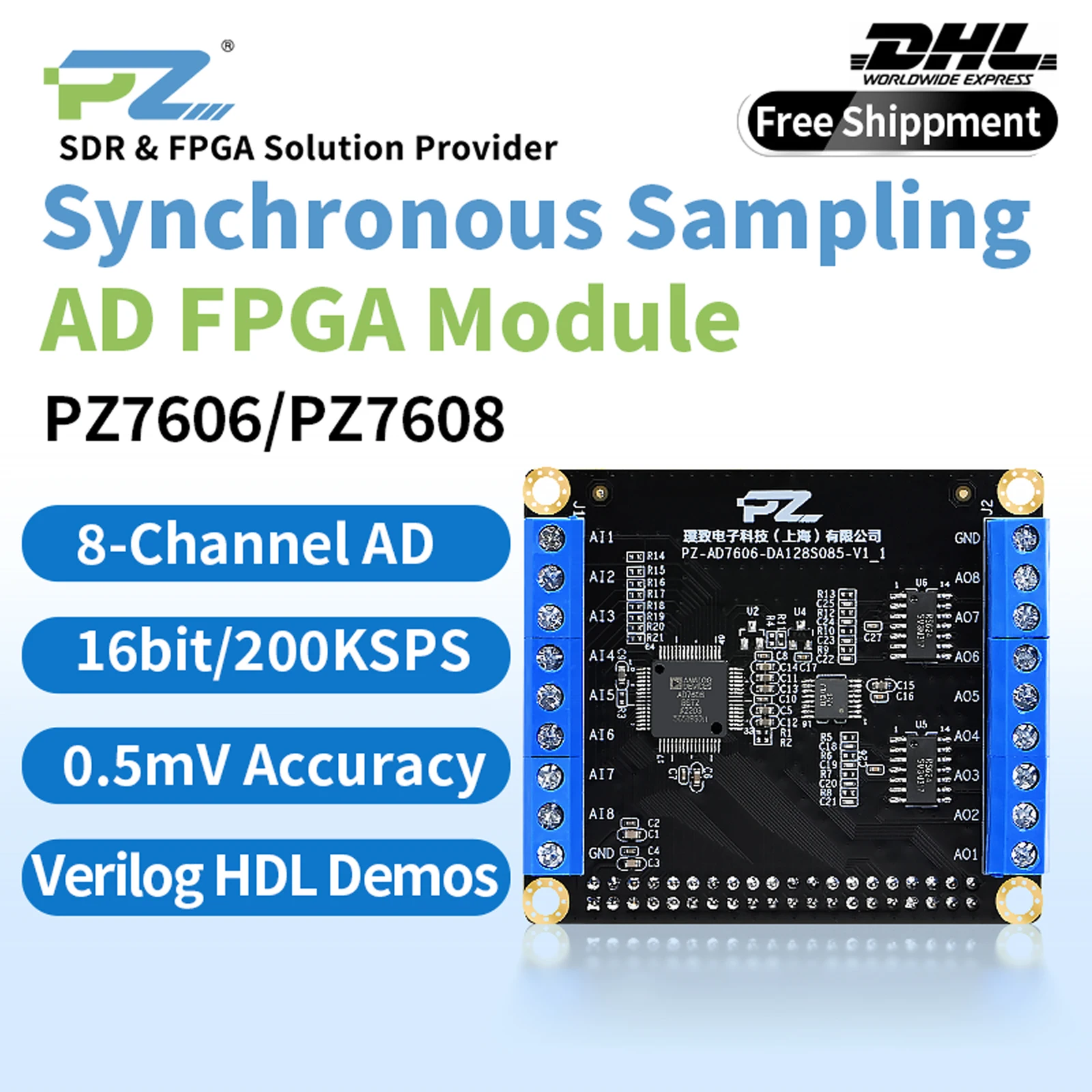 

Puzhi PZ7606 FPGA Module Synchronous Sampling 16bit 200KSPS AD7606 AD7608 Eight-channe AD Conversion