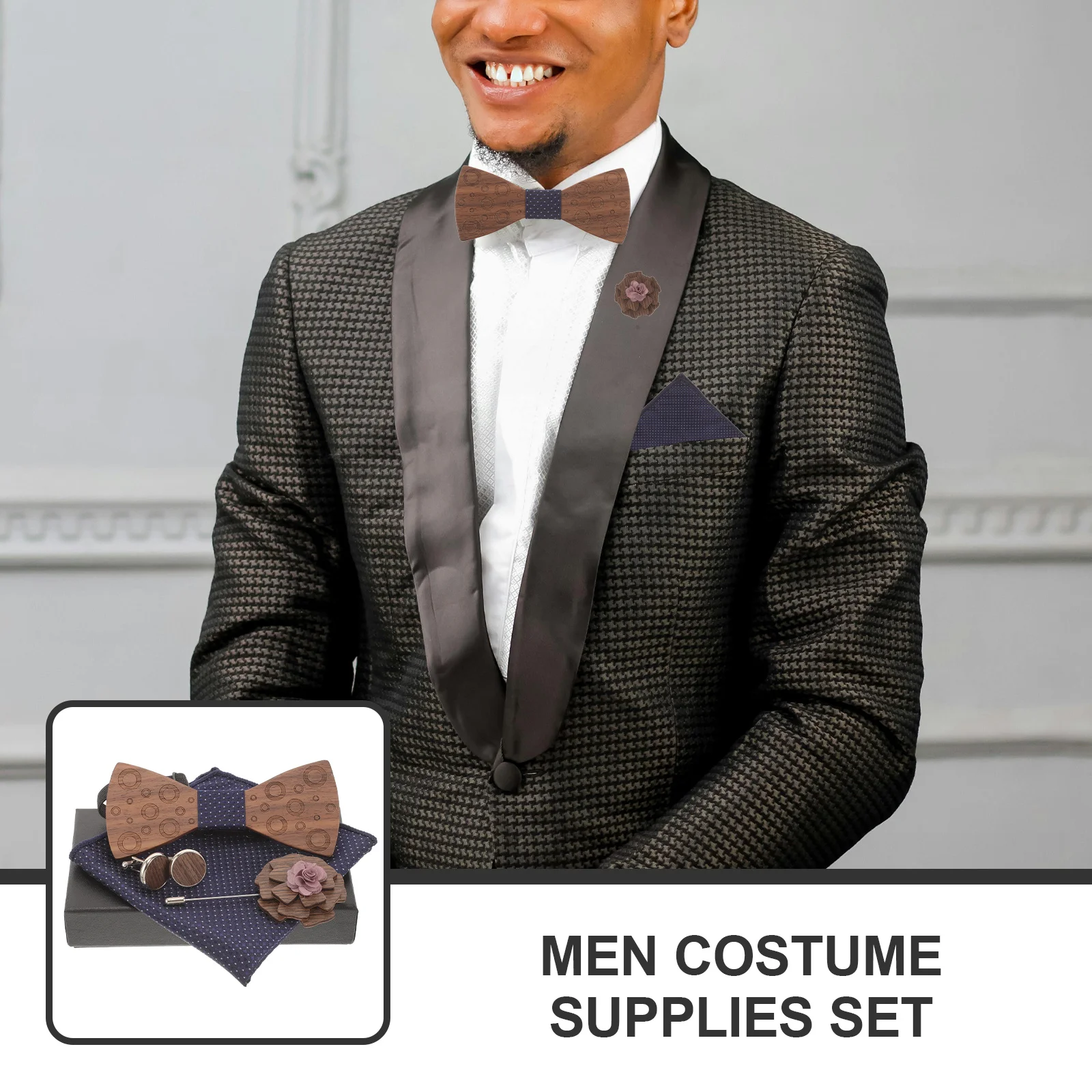 

1Set Wooden Bow Tie Set Men Suit Accessories Pocket Square Cufflinks Lapel Pin Fashion Groom Wedding Graduation Gift