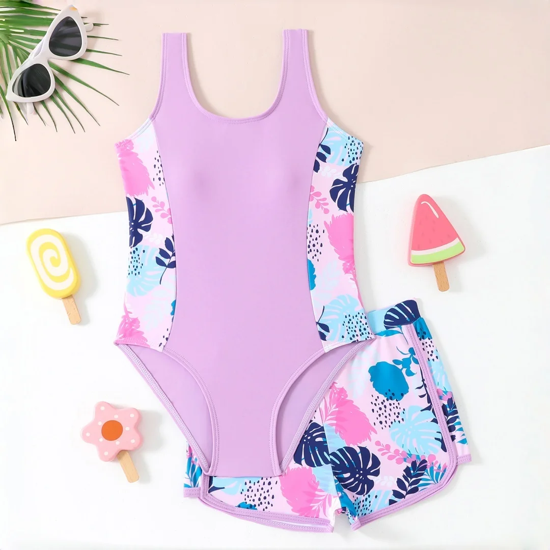 Teen Child Girl's One Piece Swimsuit with Shorts Girls' Summer Swimming Suit Set Bathing Suit With Square-Leg Swim Trunks