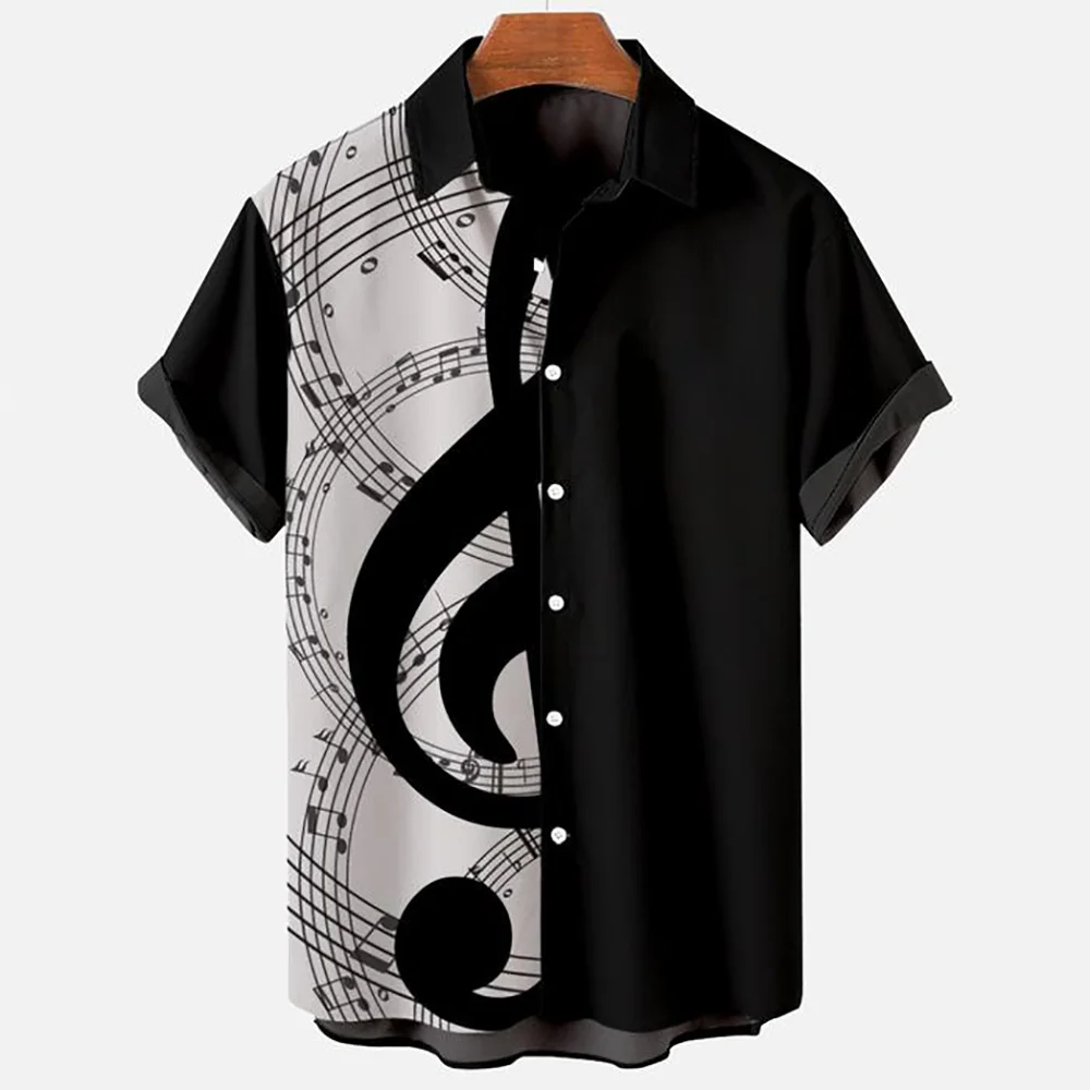 Summer Shirt Men 2024 Hawaiian Man Short Sleeve Shirt Musical Note Print Men\'s Women\'s Beach Travel Casual Oversized Clothing