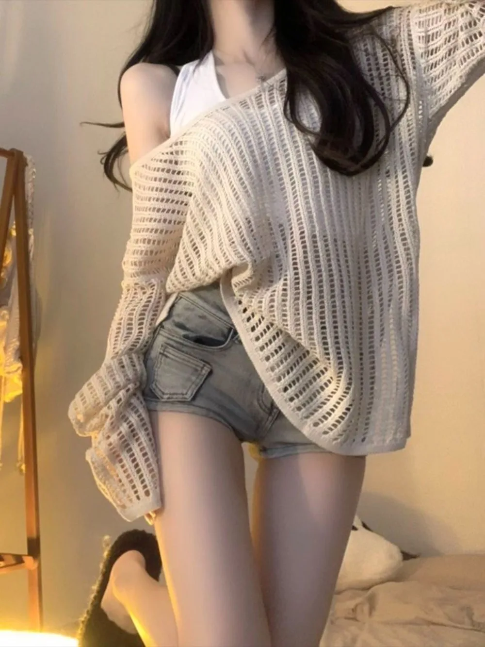 

Новый женский свободный вязаный солнцезащитный топ с ажурным дизайном, летняя одежда, удобная дышащая легкая футболка с круглым вырезом