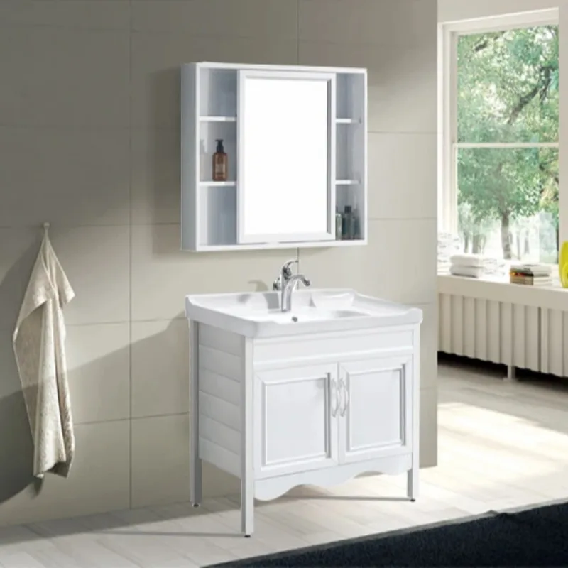 Luxury White Bathroom Vanity Cabinet With Sink Floor Mounted Corner PVC Bathroom Vanities