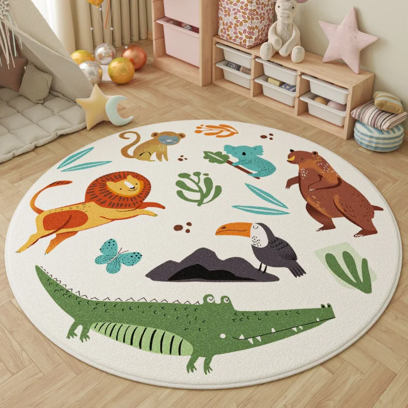 Animal Kids Rug Colorful Cartoon Jungle Round Play Mat with Bear Crocodile Non-Slip Educational Floor Carpet for Children Room