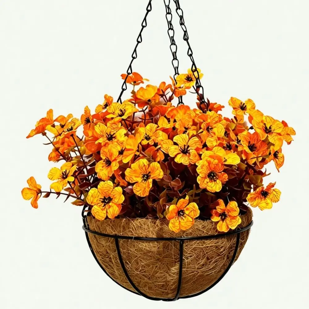 Metal Frame Coconut Hanging Basket Artificial Dancing Orchid Rural Flower Decor For Backyard Porch Garden Wall Display
