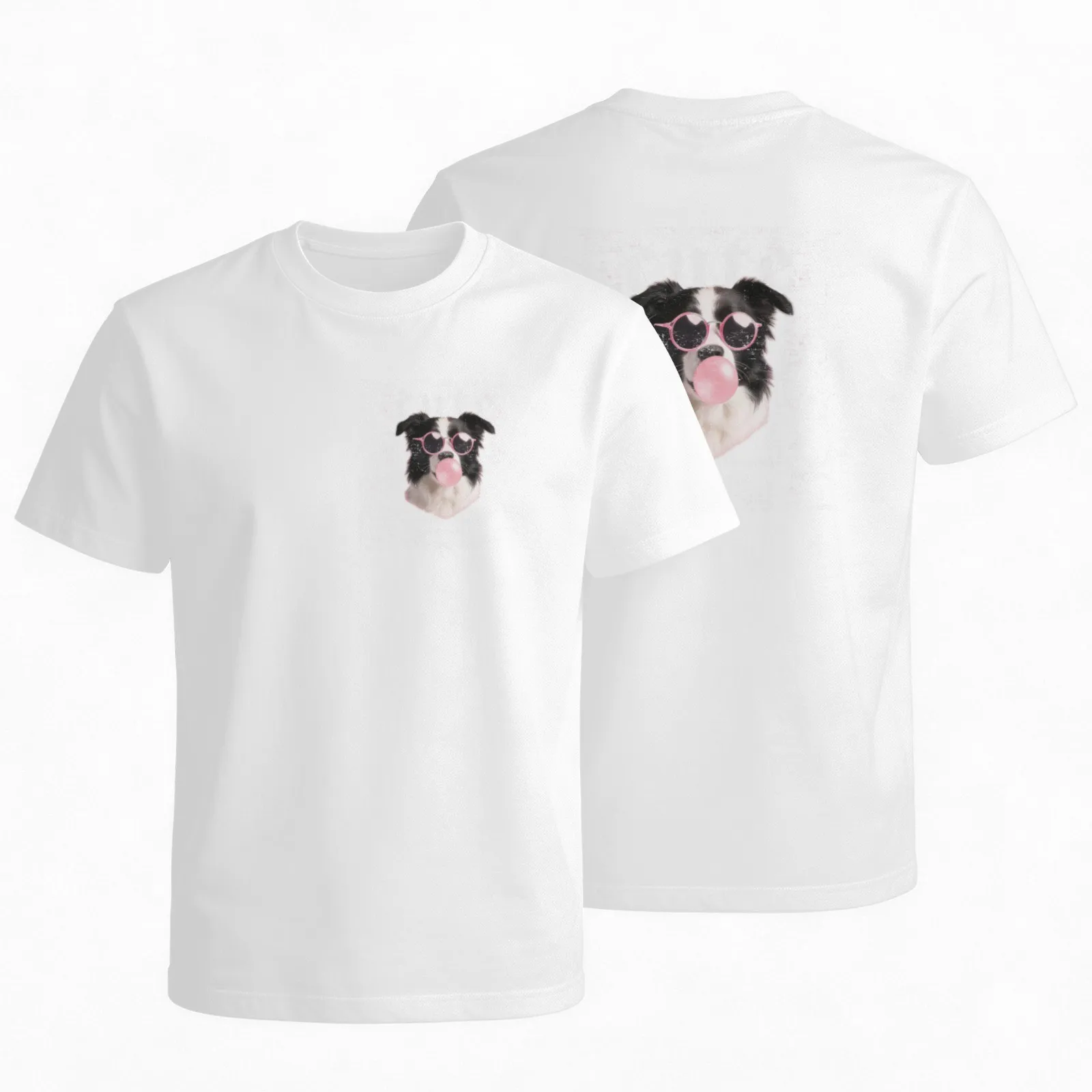 Cute Border Collie Dog Wearing Heart Sunglasses Graphic T-Shirt Breathable Cotton Daily Round Neck Tee