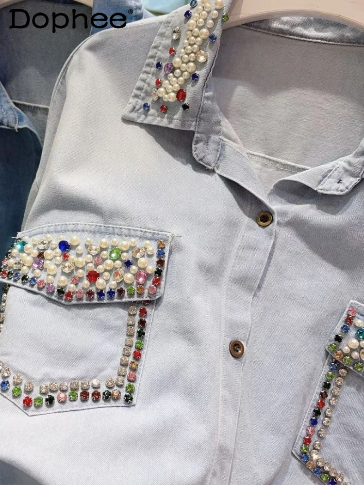 Heavy Industry Beads Colorful Crystals Denim Shirt Women 2024 Spring Summer Thin Shirt All-Match Single-Breasted Polo Collar Top