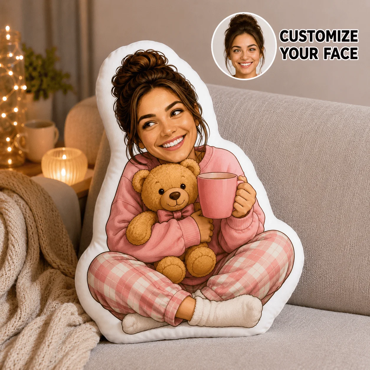 Custom Personalized Photo Face Pillow, Smiling Woman in Pink Pajamas Holding Teddy Bear Custom Shaped Decorative Cushion, 27.56i