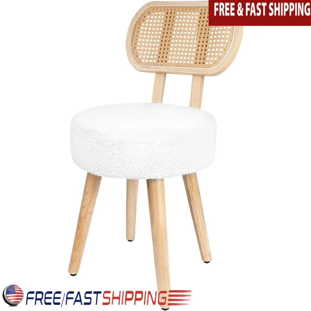 

Boho Rattan Dining Chair Chic Boucle Accent Chair Vanity Seat Small Modern Open Back Design