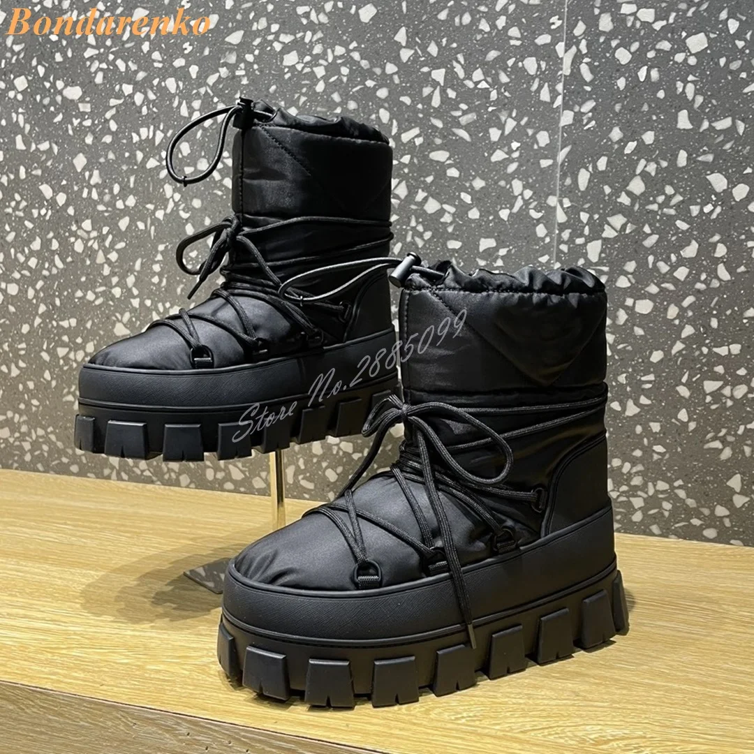 Winter Thick Sole Warm Boots Round Toe Platform Lace Up Elastic Band Solid Short Boots Leather Fur Women Shoes New Style Banquet