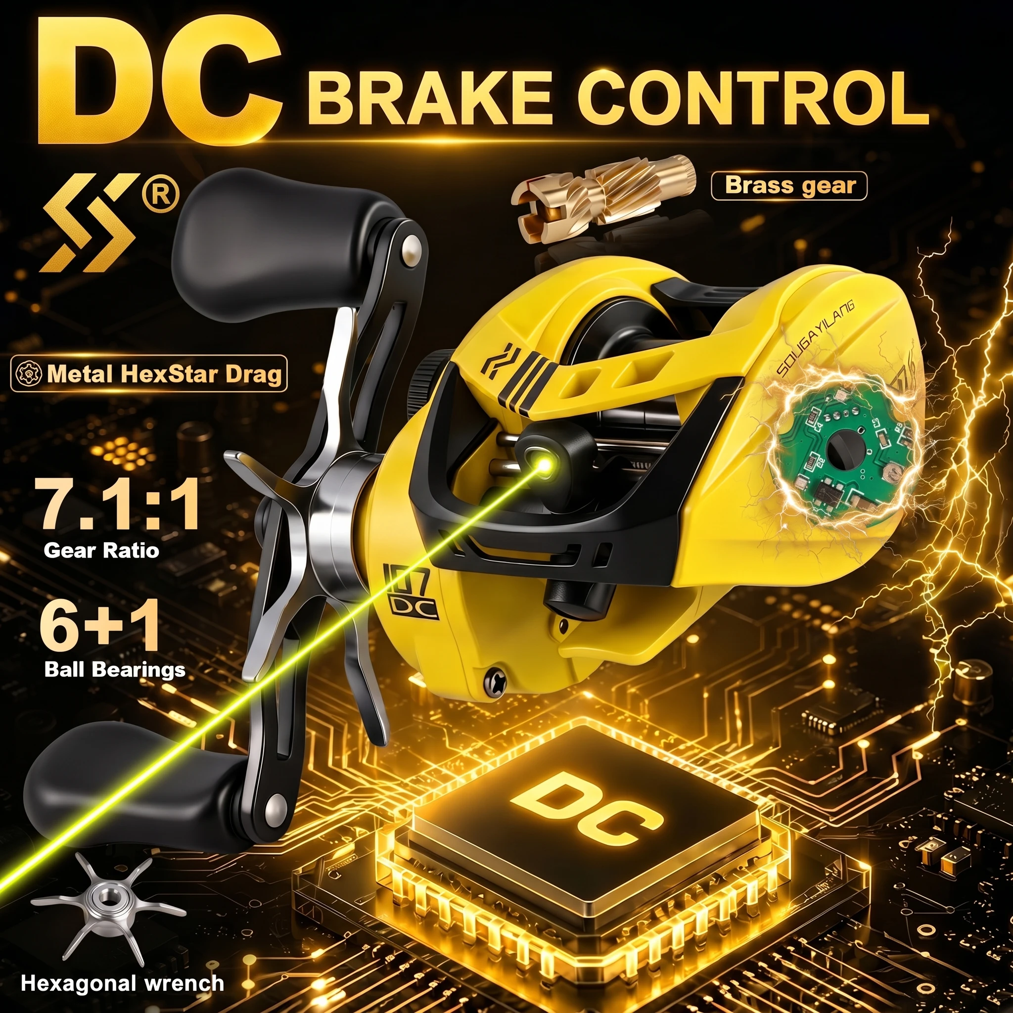 Sougayilang 107-DC Baitcaster Digital Brake Control 7.1:1 Gear Ratio 6+1BB CNC Shallow Spool Anti-Backlash Casting Fishing Reel