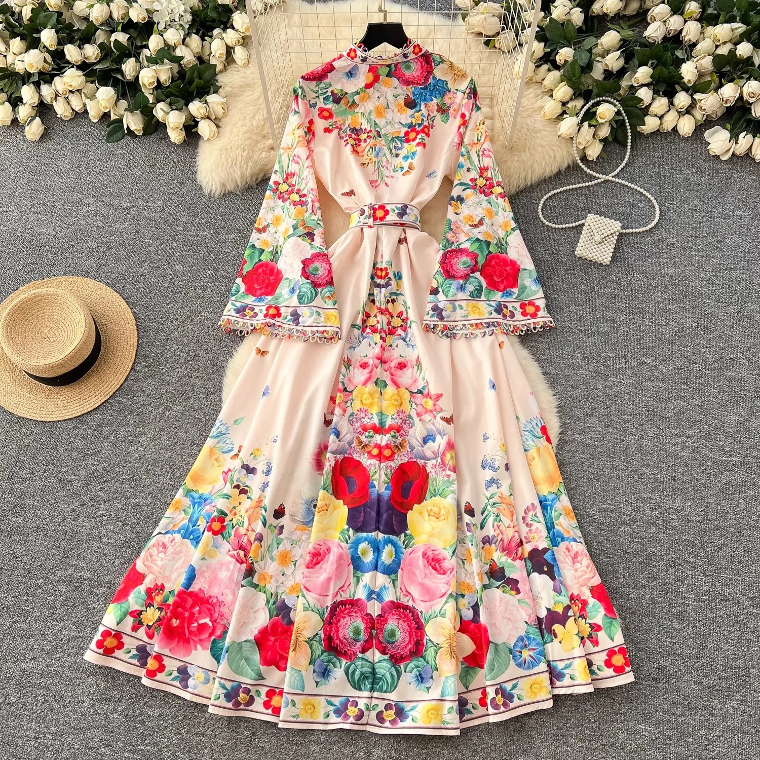 2025 New High Quality Women Spring Summer Pint Flower Stand Collar Flare Sleeve Belt Single Breasted Boho Holiday Party Dresses