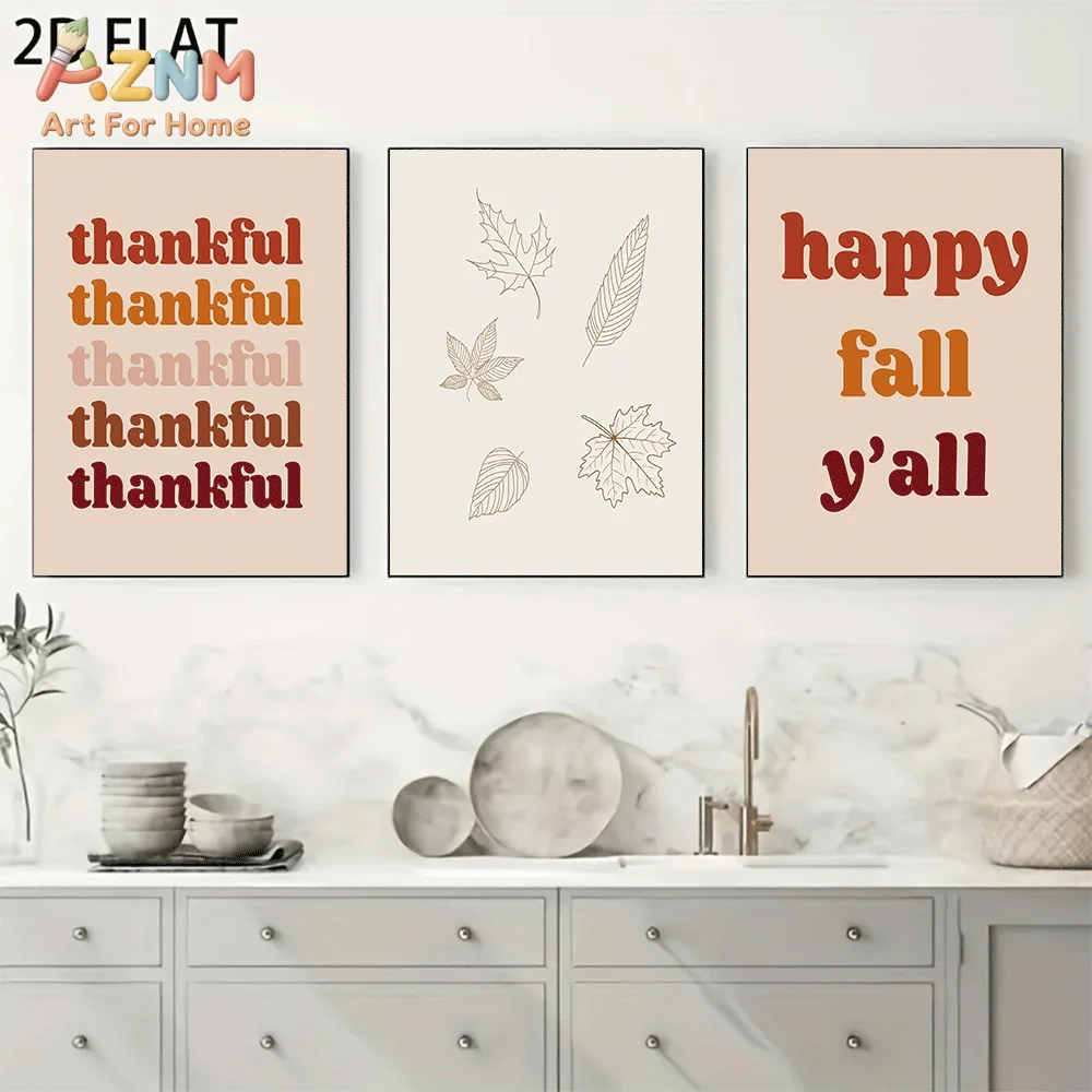 AZNM Fall Canvas Wall Art, Thankful Quote Line Art Maple Leaf Happy Fall Y'all Neutral Boho Autumn Frameless Print for Living Ro