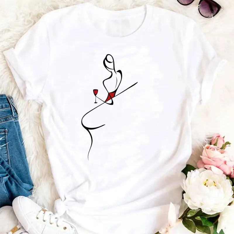 Women Summer Wine Funny Printed 90s Trend Style Cartoon Fashion Short Sleeve Clothes Stylish Top Lady Print 2025 T-Shirt