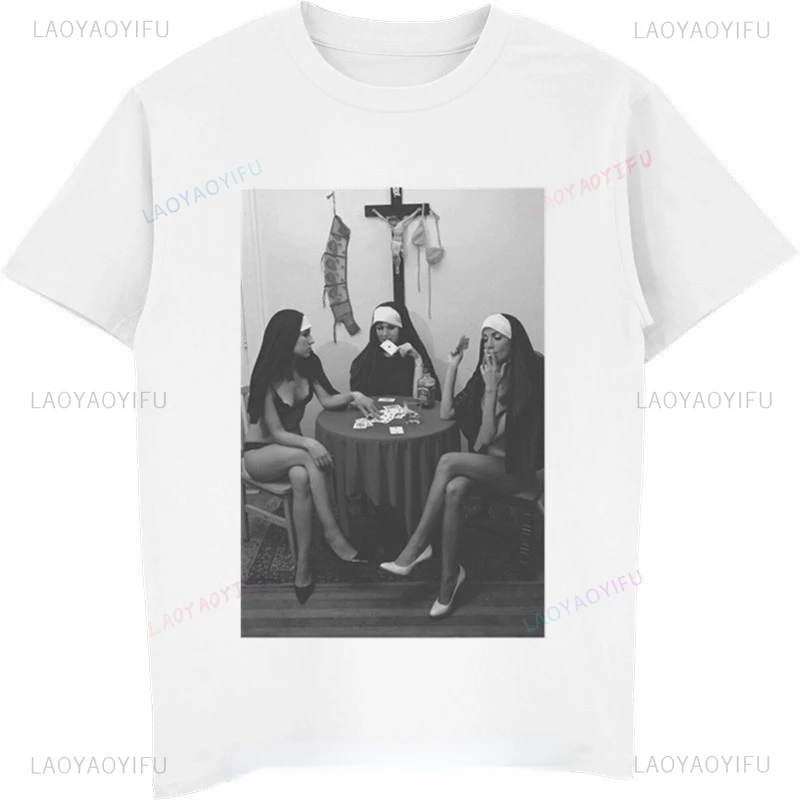 Nuns Naked Playing Card Smoking Graphic T Shirts Fashion Trend Tops Harajuku Hip-hop Tee Men Women Popular Aesthetic Clothing