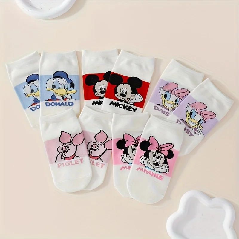 

5 Pairs Of Women's Fashionable Disney Cartoon Mickey/Minnie/Donald/Daisy/Piglet Patterned Versatile Casual Straight Socks