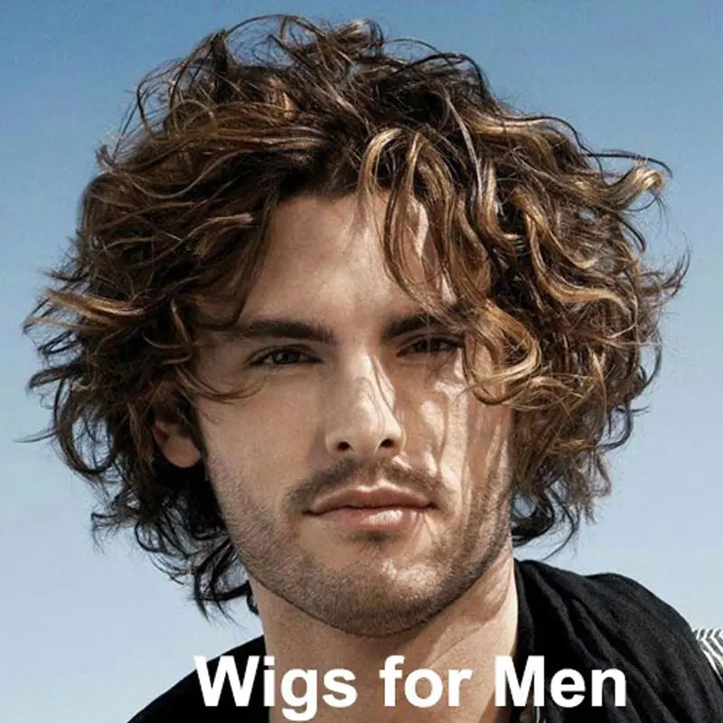 Handsome Men\'s Fashion Brown Curly Synthetic Wigs with Bangs Loose Wave Hair Cool Rock Cosplay Party Wigs for Man