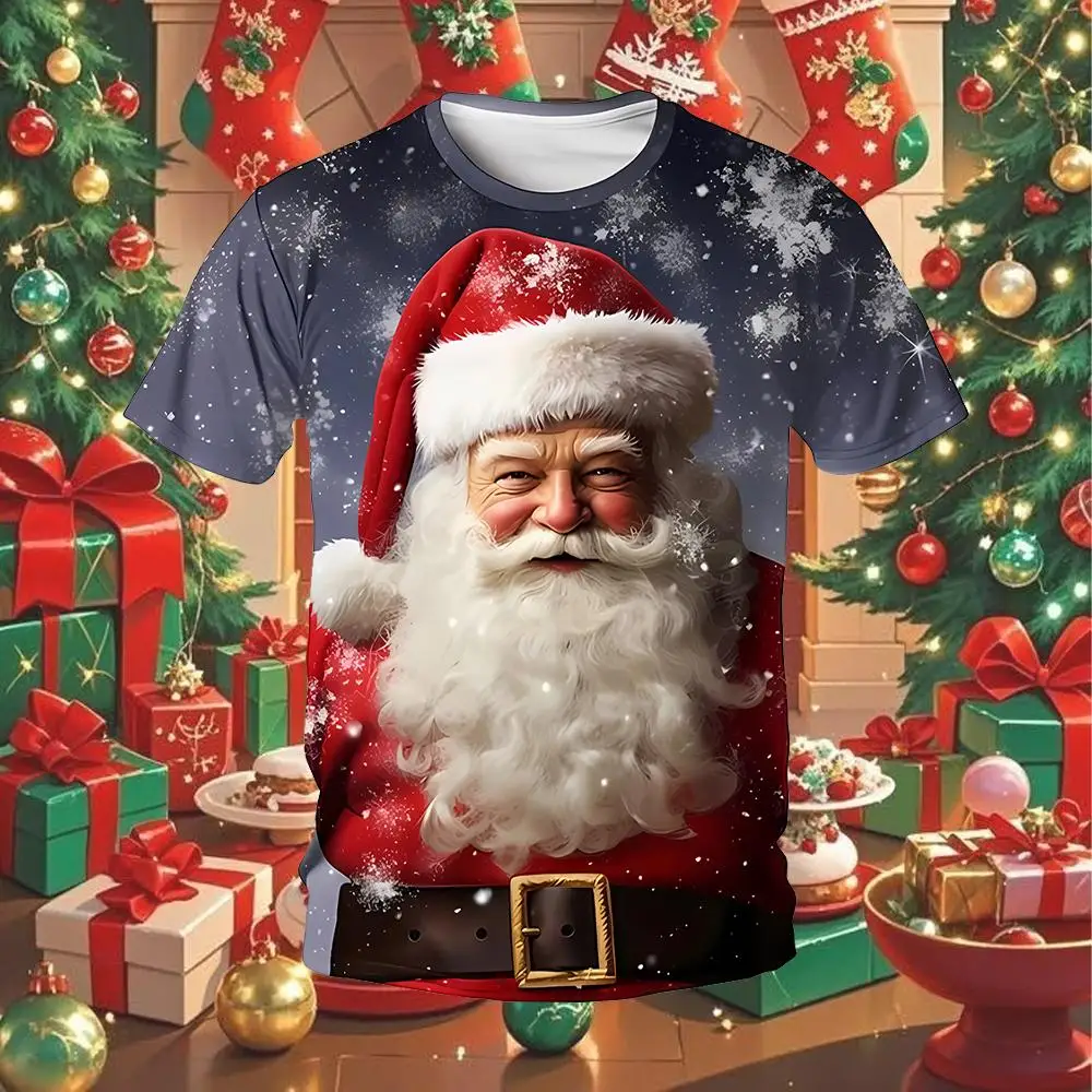 

Fun Christmas 3D Print Santa Claus T-Shirt Unisex Christmas Holiday Party Casual Fashion Short-Sleeve Shirt Man Gifts Practical