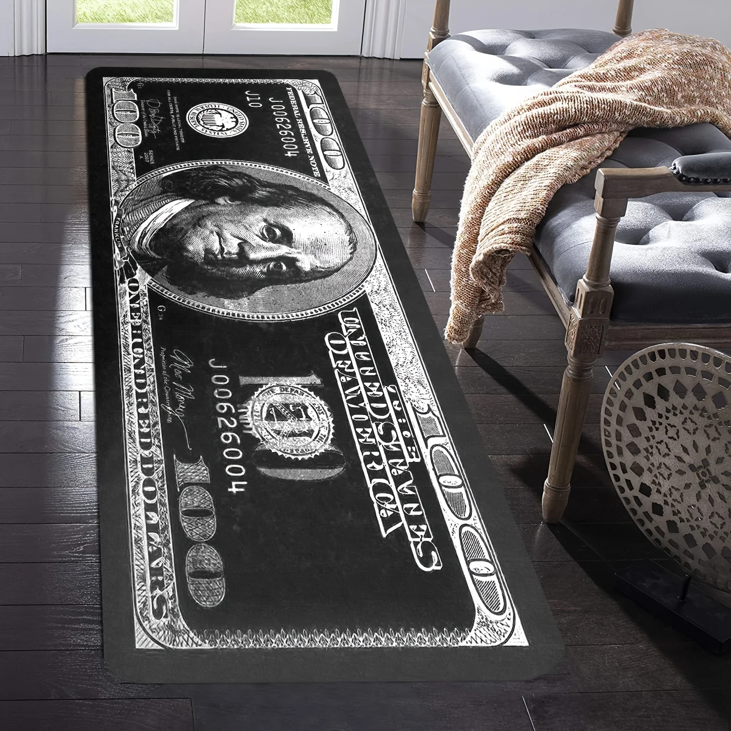 1pc Non-Slip Polyester $100 Bill Design Area Mat - Durable, Machine Washable Floor Mat for Living Room, Bedroom, Game Room Decor