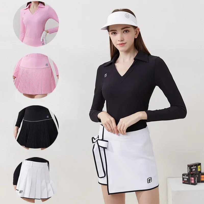 

Golfist Women A-line Golf Skirts with Bowknot Anti-exposure Pleated Skorts Lady Slim V-neck Collar Shirt Long Sleeve Golf Tops