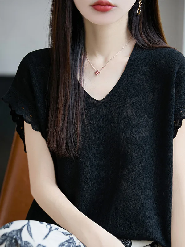 V-Ne 3D Knitted Lace Patchwork ort Sve Women's Summer T-irt Loose Fit Casual Top Silk Lyocell Material Moisture ng