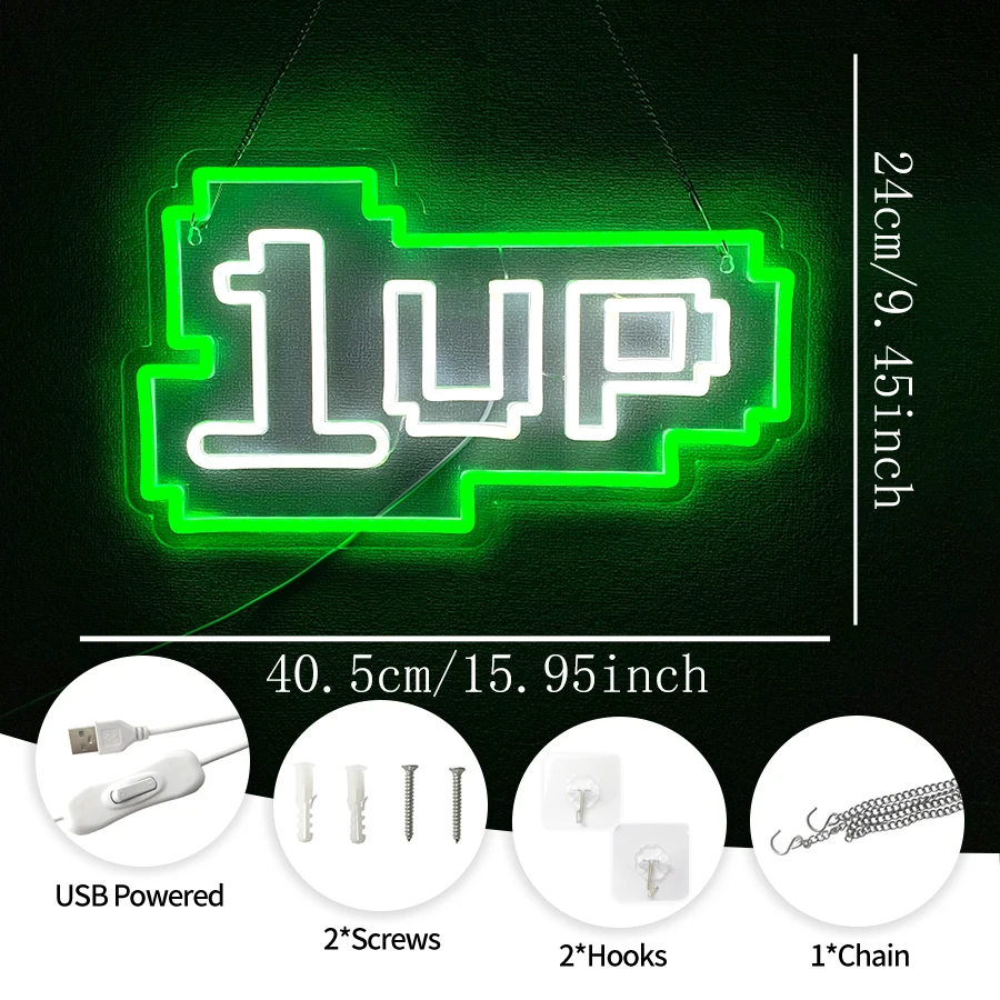 1 Up Neon Sign For Wall Decor,Light Up Sign For Bedroom,Game Room Decor,Club,Party,Man Cave,Best Gift For Teens,Friends,Gamer
