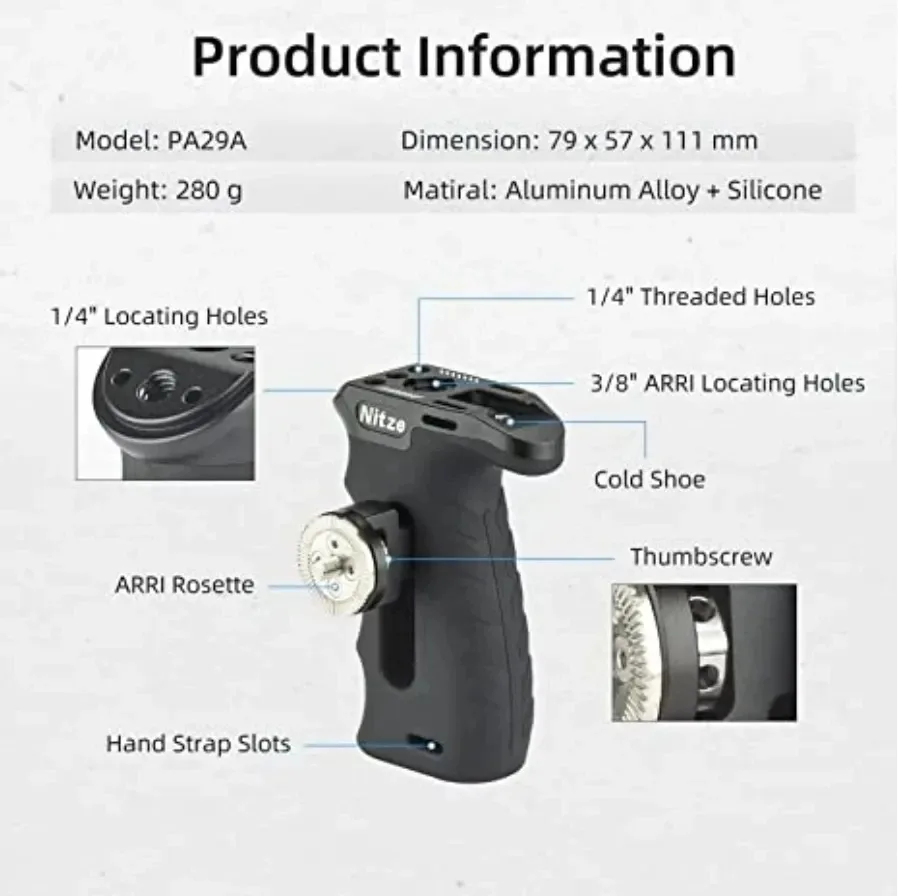 Nitze Camera Side Handle with ARRI Rosette for Left or Right Hand, Up and Down Adjustable