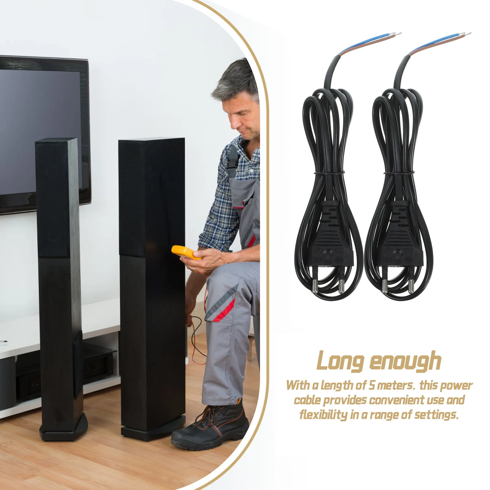 

Комплект из 2 удлинителей питания с 2-контактными вилками, 5 м, огнестойкий медный провод для ламп, компьютеров, рисоварок