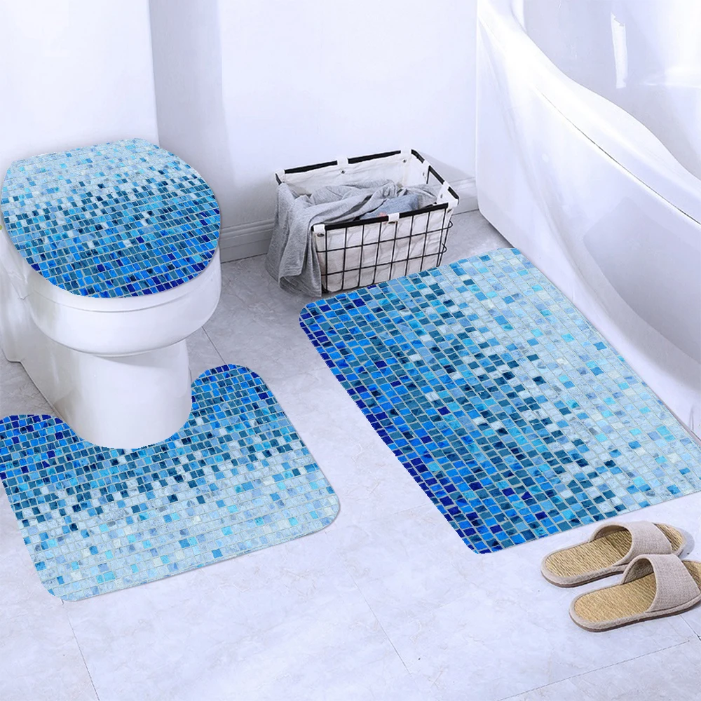 Modern Blue Mosaic Pattern Fabric Shower Curtain Set with Hooks Toilet Covers Seat Bath Mats for Bathroom Non-slip Rug Carpet