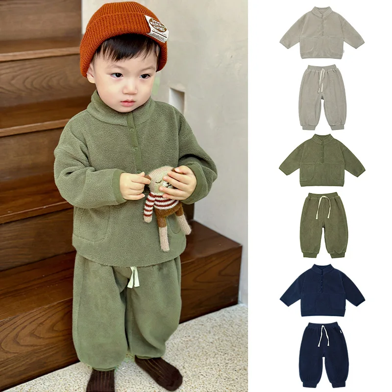 

New Polar Fleece Baby Set with Fleece for Winter Outings Children's Jackets for Autumn Winter Children's Plush Pants Girs Set