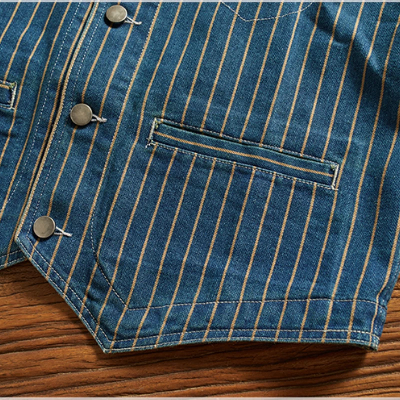 May Khaki denim vest men fashion vintage do old striped vest multi-pocket V-neck folded wear cargo vest men