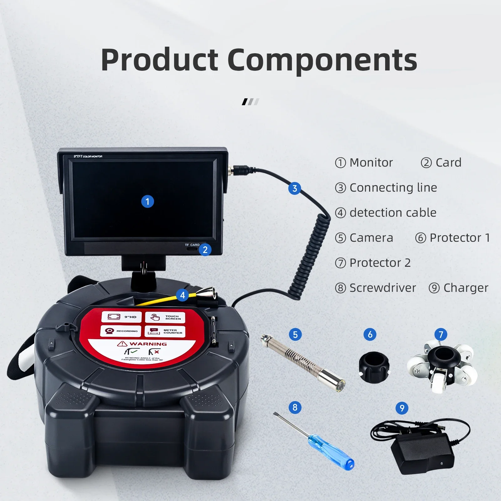 Contador medidor autonivelante de 512HZ, 9 "DVR, 23mm, cámara de inspección de tuberías, drenaje, tubería de alcantarillado, endoscopio Industrial IP68