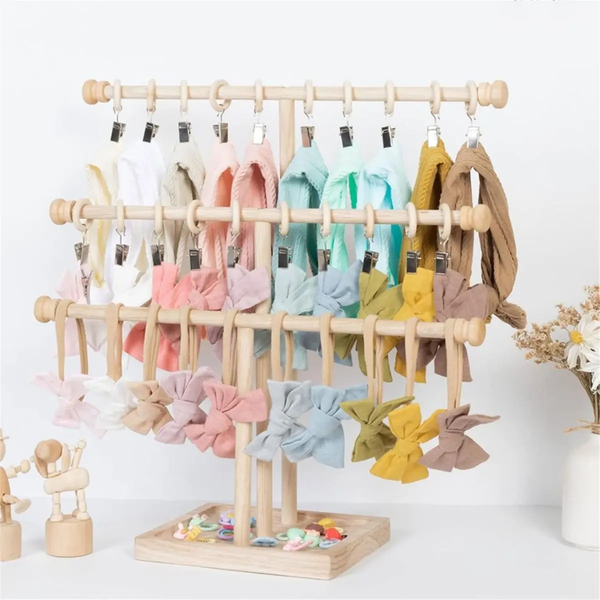 newA10R Headband Holder Stand Storage for Baby, 3 Tier Wooden Bows Organizer for Girls Hair Bows, Infant Hair Accessories