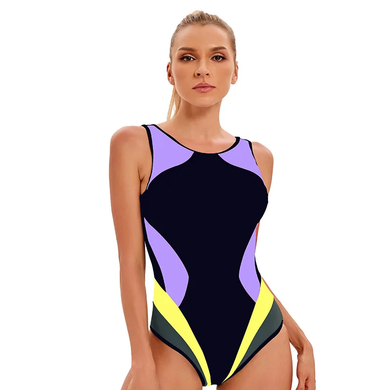 Women Athletic One Piece Swimsuit U Neck Wide Shoulder Strap Color Block High Cut Bathing Suit for Swimming Training Beach