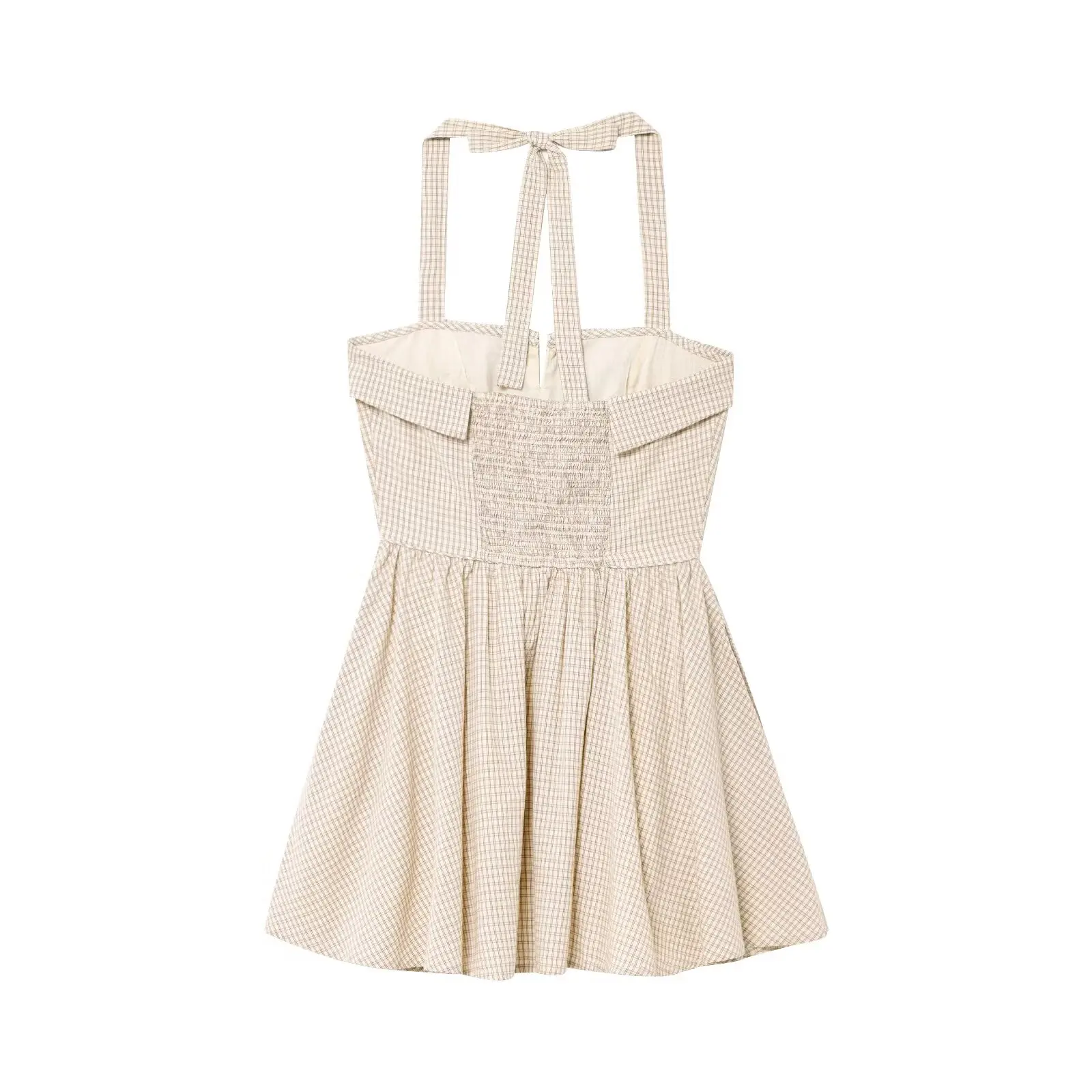 PB&ZA2025Zomer nieuwe zoete en modieuze taille cinching afslankende hangende halskraag geruite korte jurk