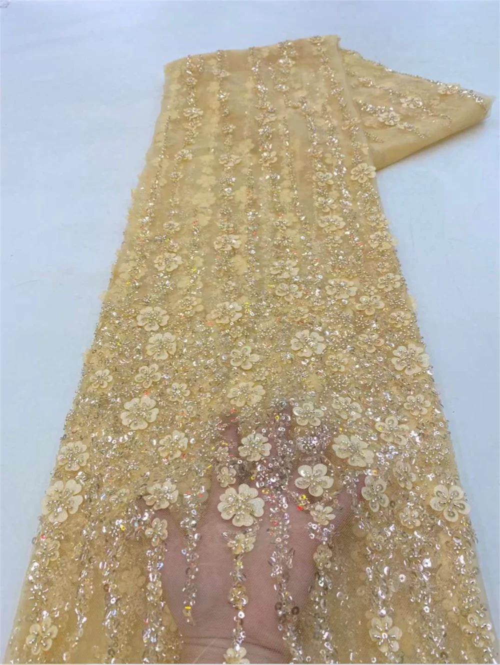 Newest Vertical Floral Design Sequins And Bead Tube Lace Nigeria Mesh Tulle Fabric For Elegant Boubou Or Bridal Party Dresses