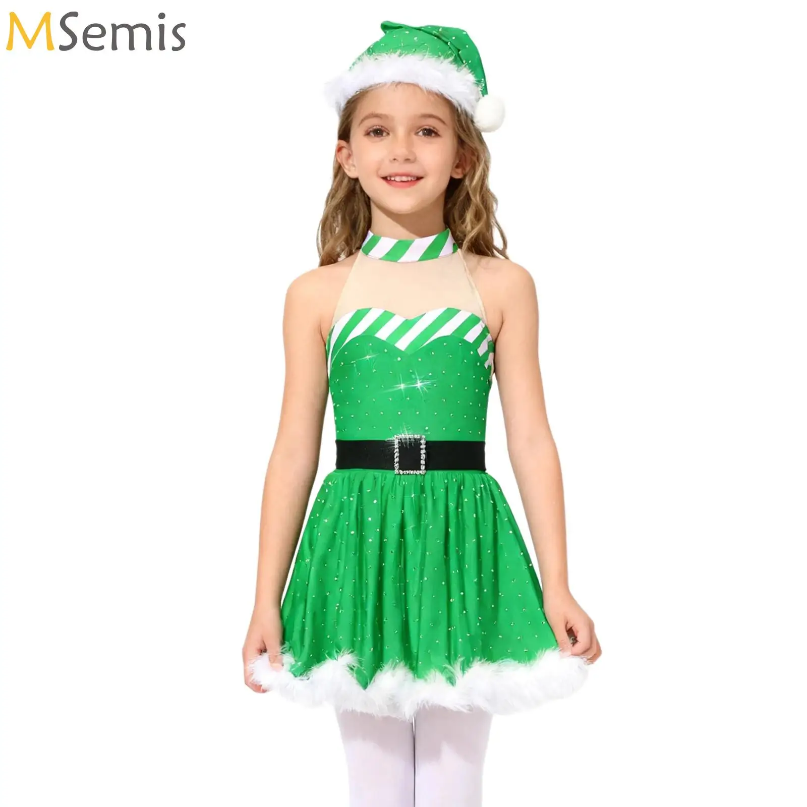 

Kids Girls Christmas Ballet Dance Figure Ice Skating Performance Costume Sequins Santa Claus Leotard Tutu Mesh Dress+Hat Clothes