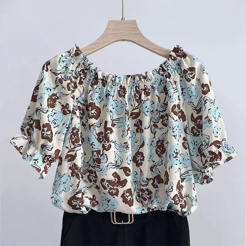 Pleated Floral Office Shirt Tops Summer New Short Sleeve All-match Print Plus Size Vintage Blouse Fashion Casual Women Clothing