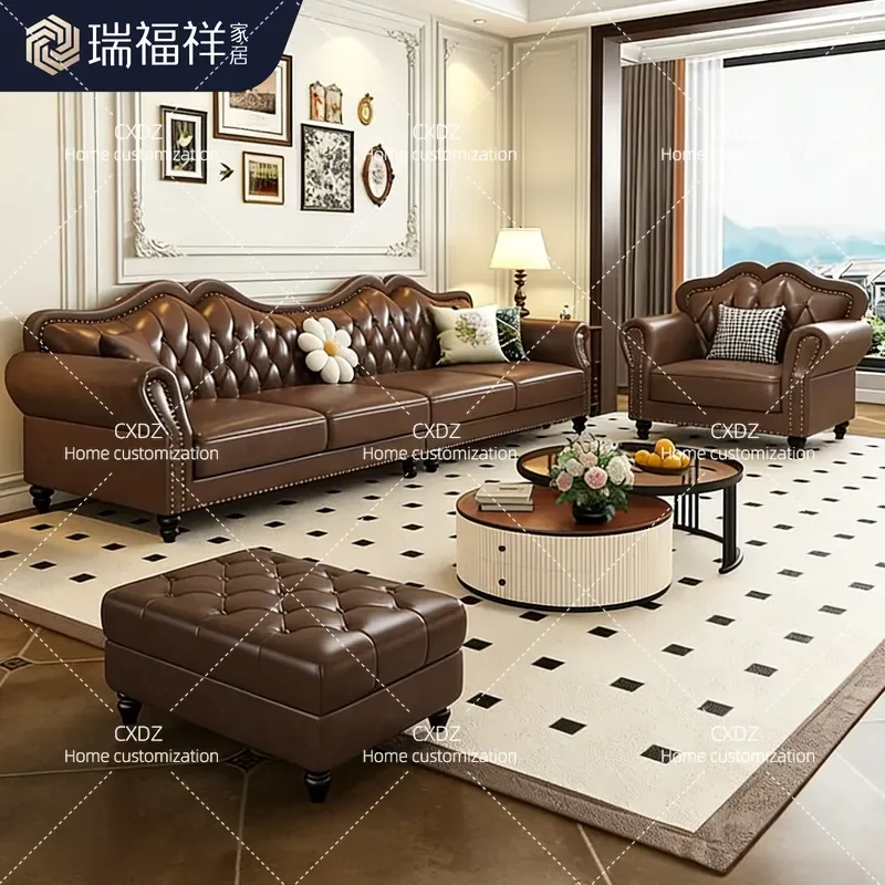 American Style Solid Wood Sofa Antique Retro Corner Buckle Design Living Room Office Furniture Combination for Small