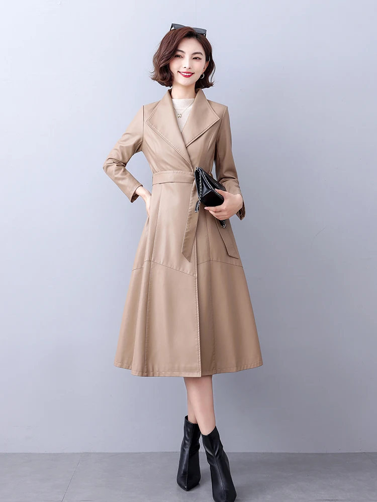 

Women's Mid-Length Over-Knee eepskin Leather Jaet Slim Fit 2025 New Sle Haining Waist-Cinching Slimming Windbreaker