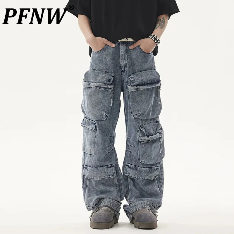 

PFNW High Street Men's Denim Pants Three-dimensional Multi-pockets Worn-out Overall Straight Leg Male Bottom Loose New 12C521