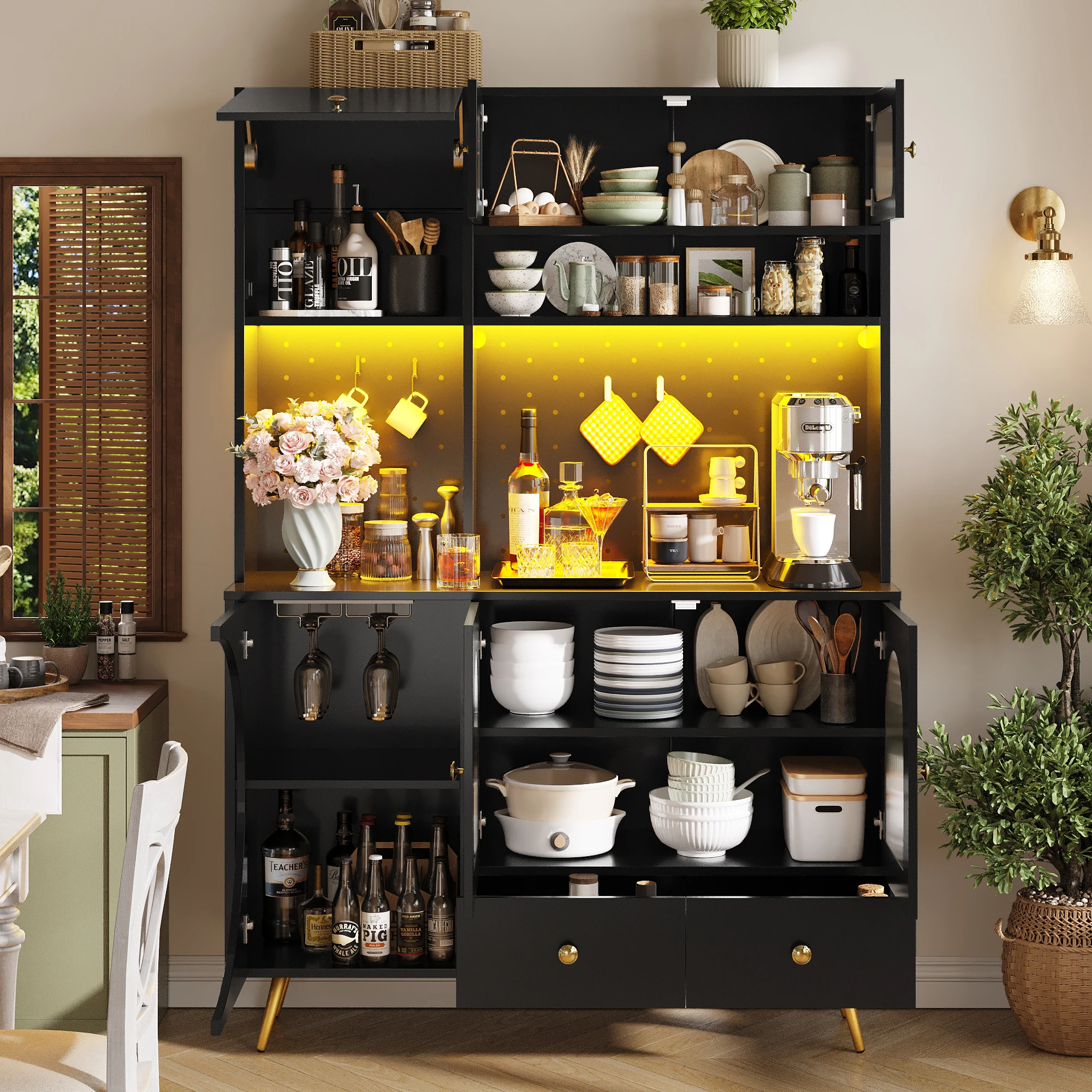 Buffet cuisine : application LED, prises USB, rangement multiple, MDF/verre - noir