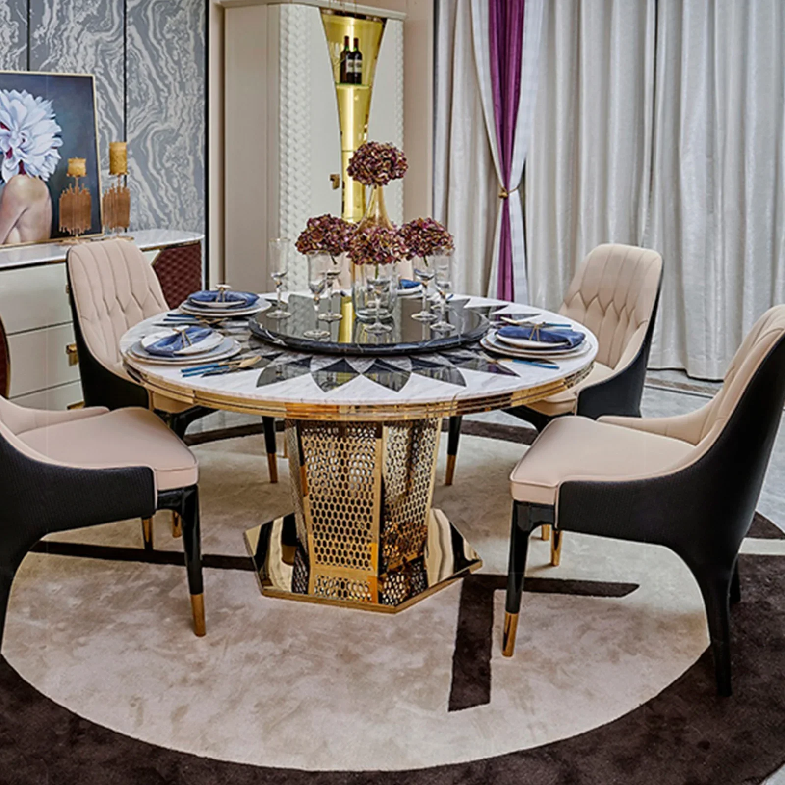 Mesa Restaurante Esstisch Round Rotating Gold Luxury Marble Dining Table Set 6 Chairs