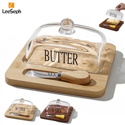 Leeseph Bamboo Butter Dish with Glass Lid and Cutter, Reusable Butter Storage Dish Butter Case, Butter Container, Kitchen Tool