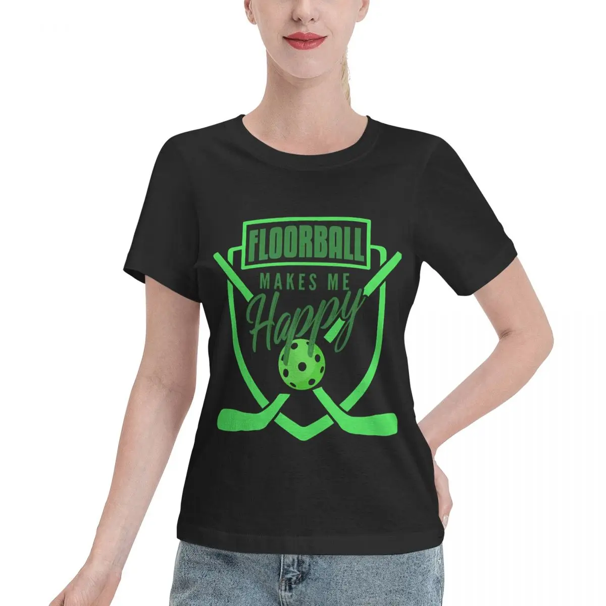 Wardrobe Filler Floorball Makes Me Happy Unihockey Women's T-shirt Korean Casual Plain Cotton Top