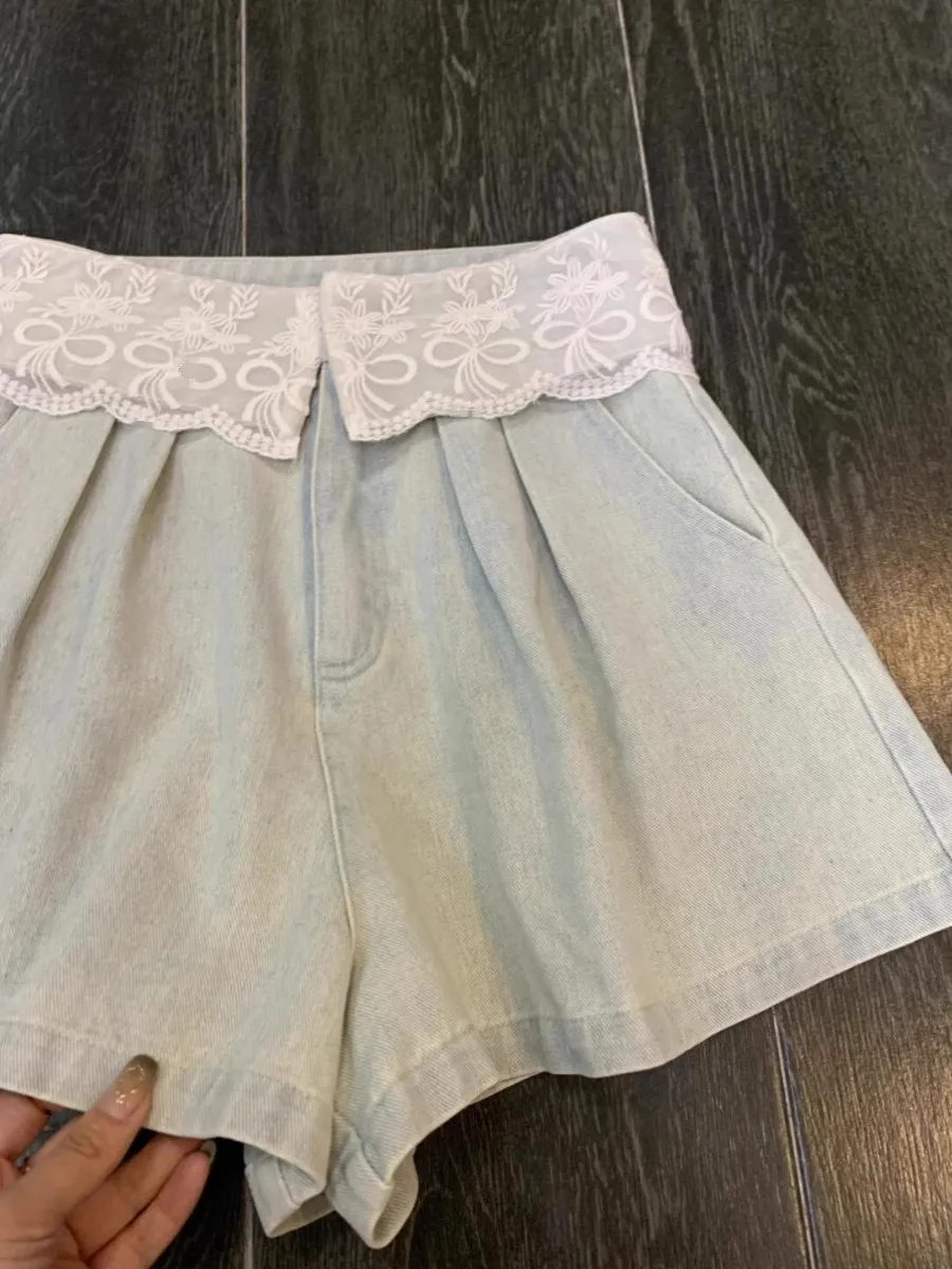 Women's Light Blue Denim Shorts Vintage 2000s Y2k Gyaru Lace Patchwork Micro Jeans Shorts Hot Cowboy Pants Shorts Skirt Summer