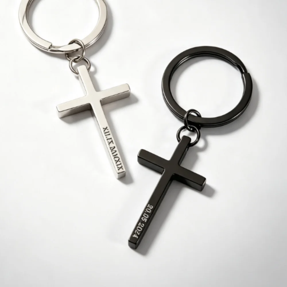 Personalized carved cross keychain, stainless steel customized cross keyring, men's and women's religious Christian gifts