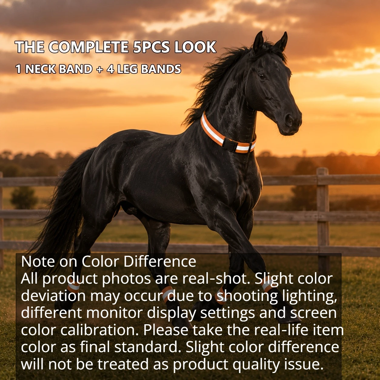 5Pcs Orange Reflective Horse Neck Leg Strap Set Quick‑Release Buckle Adjustable Equine Wraps for Horses Stable Ranch Supplies