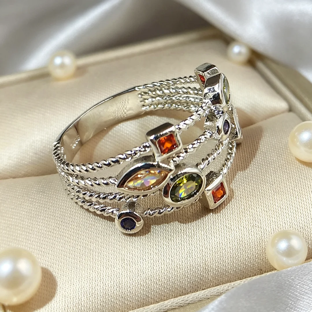 925 Sterling Silver, Light‑luxury Fashion Retro Multi‑strand Twisted‑Rope Colored Gemstone Ring, Niche Color‑clash Zircon Ring
