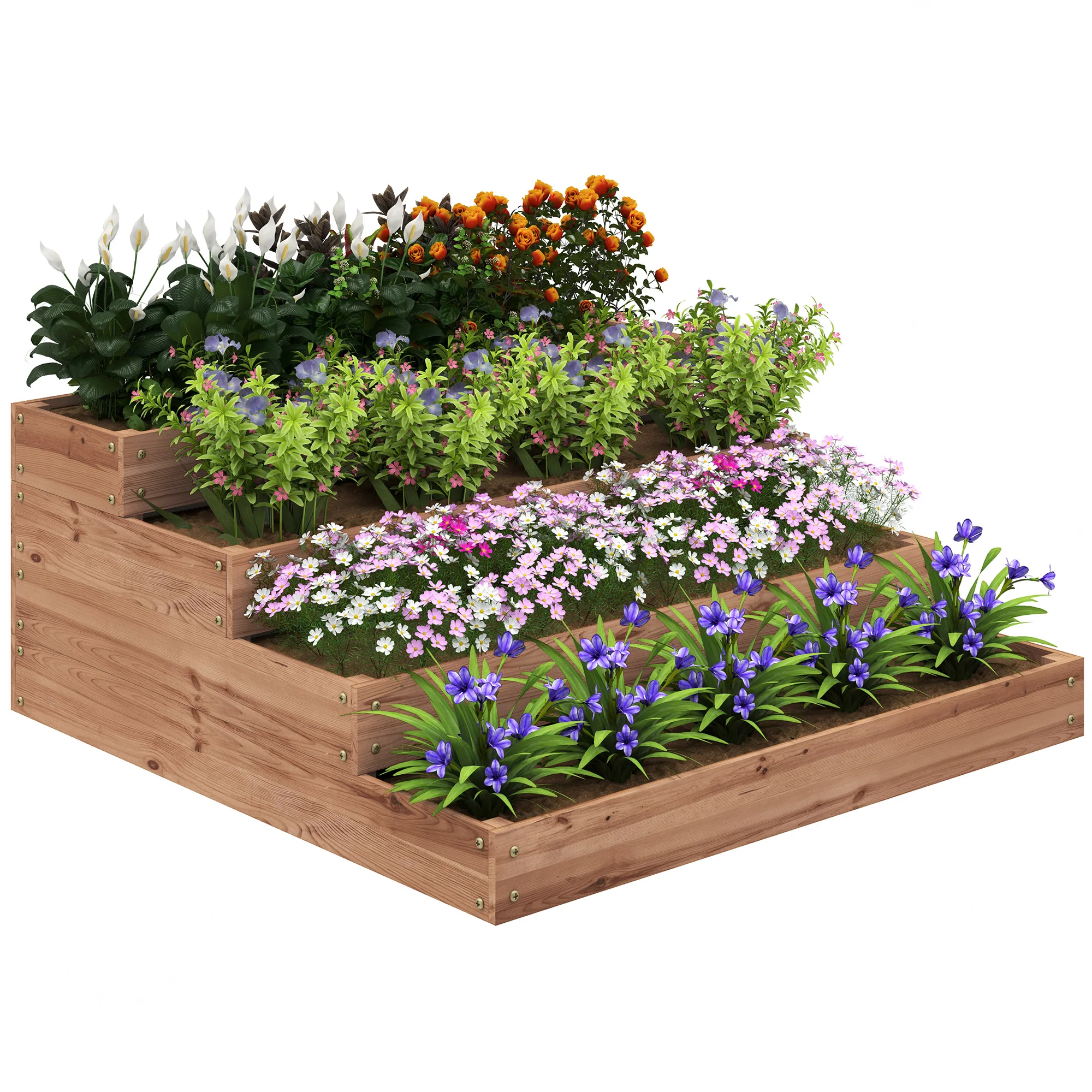 Outsunny Jardinière surélevée en bois à 4 niveaux 113X113X46 cm Marron foncé