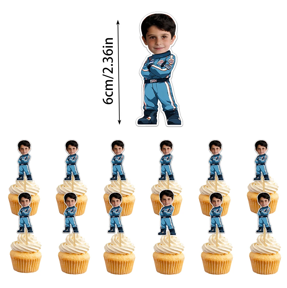 Personalisierter Geburtstags-Rennwagen-Kuchenaufsatz mit individuellem Gesichtsfoto, Rennsport-Thema, Meilenstein-Geburtstagsfeier, Kuchendekoration – Detail 4